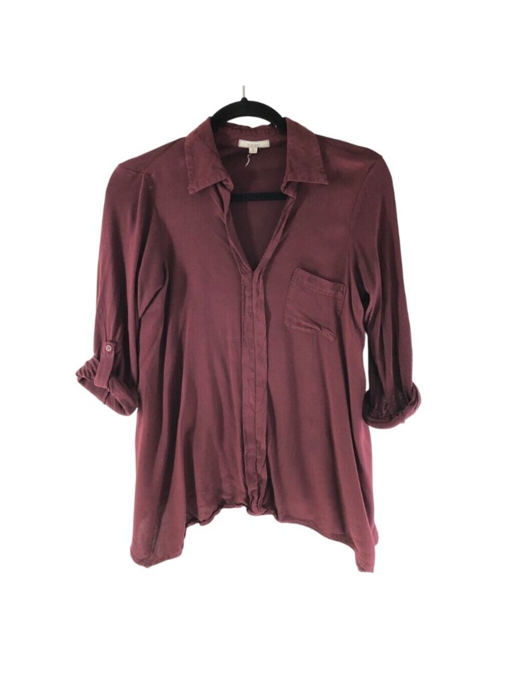 Pleione Womens Top Red Roll Tab Sleeve Shark Bite Hem Collared Pocket S